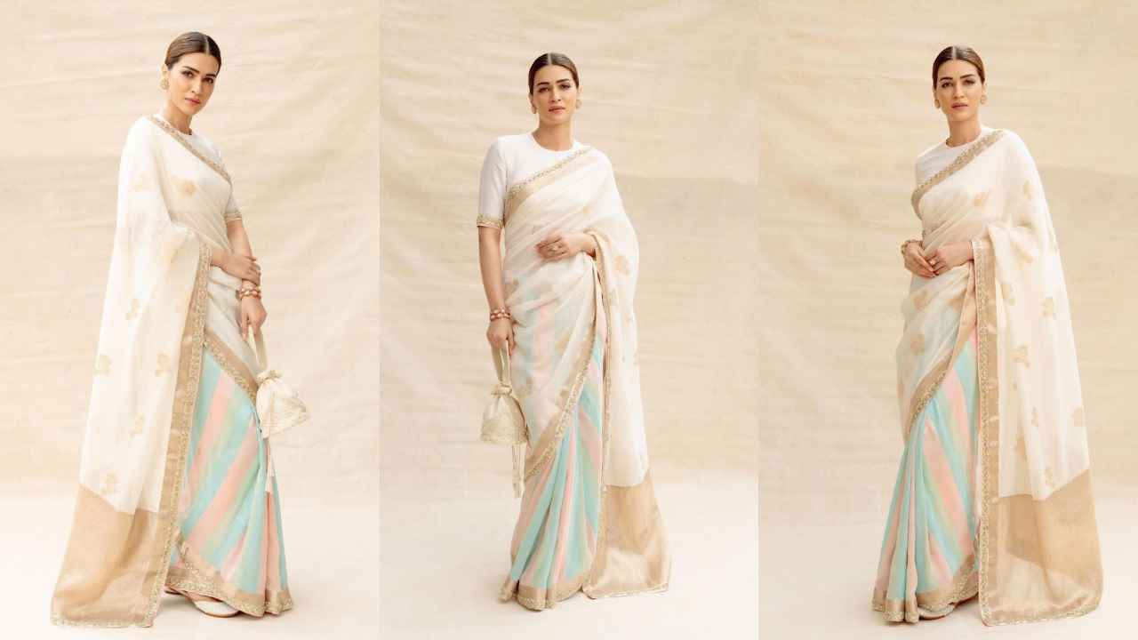 Kriti Sanon STUNS in white custom Manish Malhotra saree with gold border and pastel hues; every ethnic lover’s dream