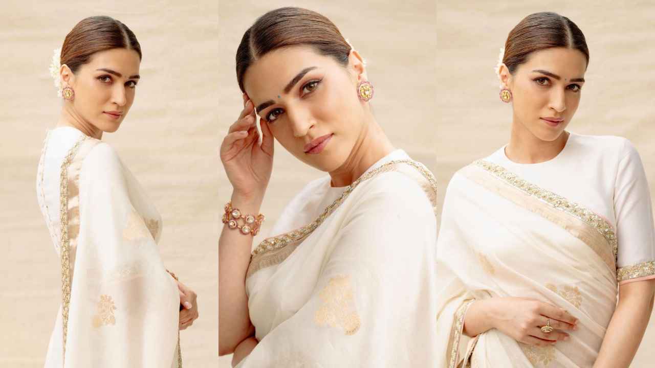 Kriti Sanon STUNS in white custom Manish Malhotra saree with gold border and pastel hues; every ethnic lover’s dream