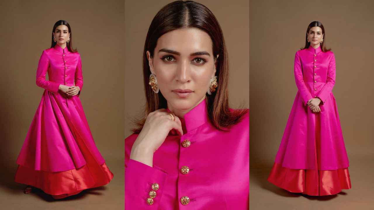 Kriti Sanon serves modern regality in Rajesh Pratap Singh’s pink and orange layered Anarkali with gold buttons