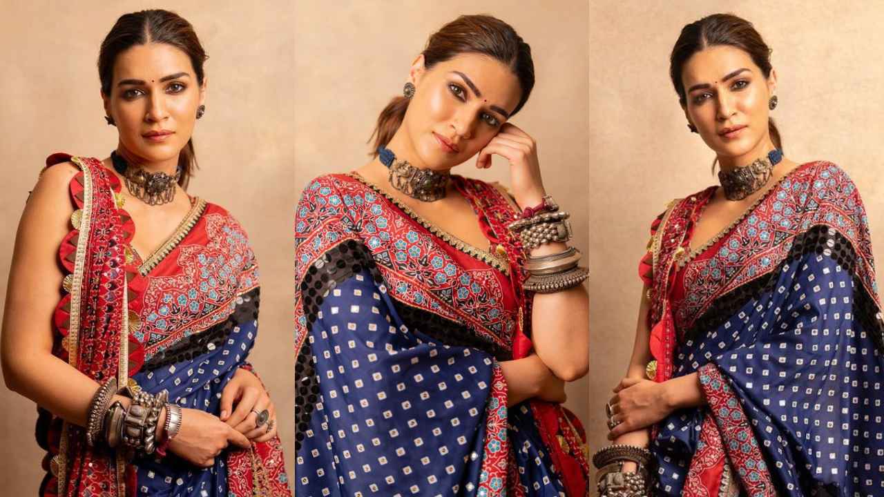 Kriti Sanon’s red and blue Nitya Bajaj saree with oxidized accessories is the ULTIMATE Navratri inspiration