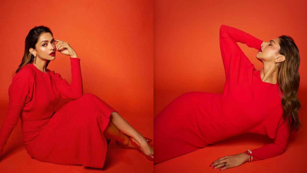 Deepika Padukone embodies lady in red with Victoria Beckham’s Rs. 1.00.133 midi dress and matching pumps (PC: Instagram and Viral Bhayani)