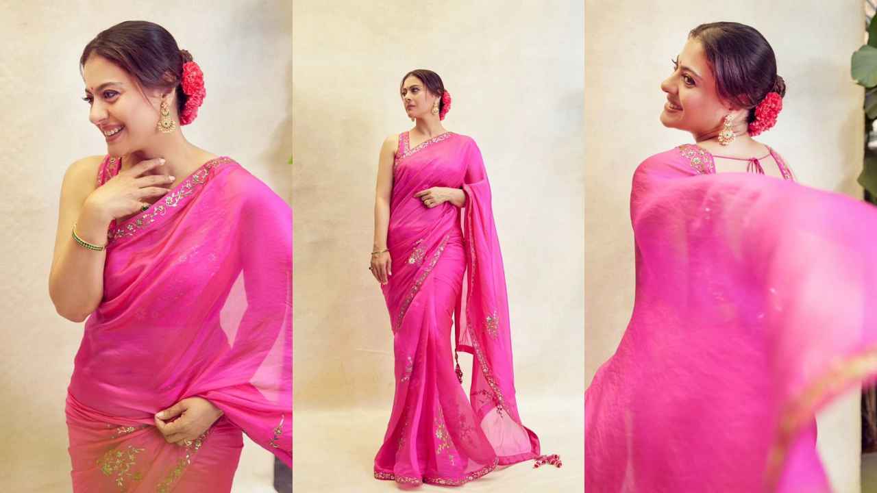 Durga Pujo 2023: Kajol Devgan serves timeless pink elegance in embroidered saree with sleeveless blouse (PC: Instagram and Viral Bhayani)