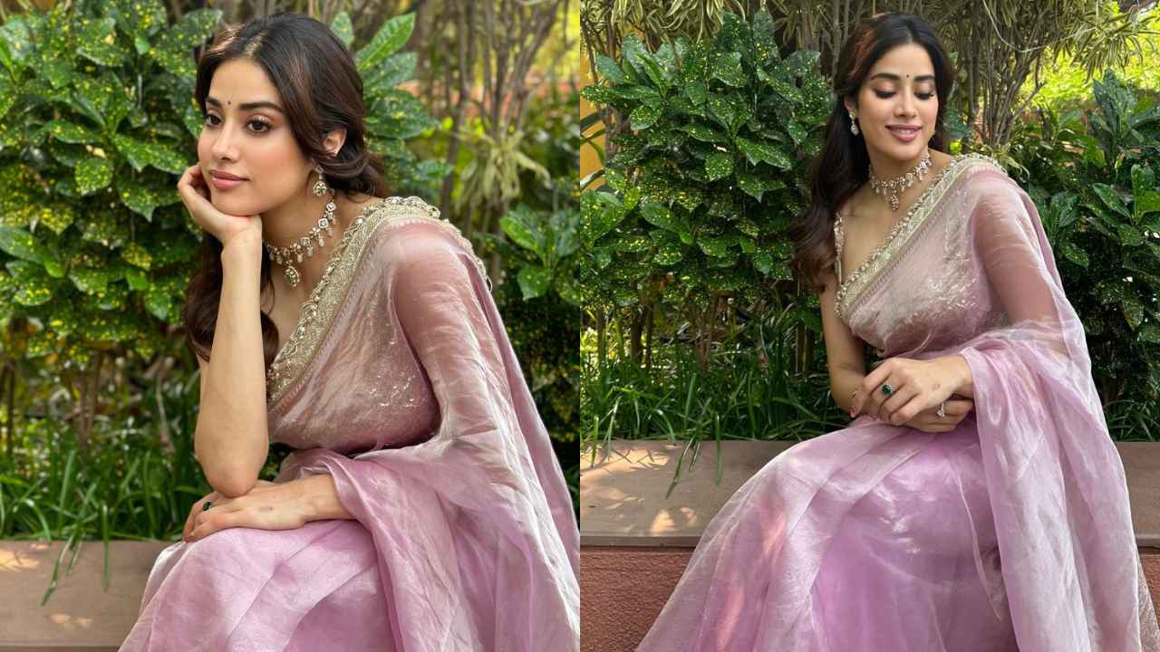 Janhvi Kapoor flaunts her love for Manish Malhotra in a classy pink and gold handwoven tissue saree