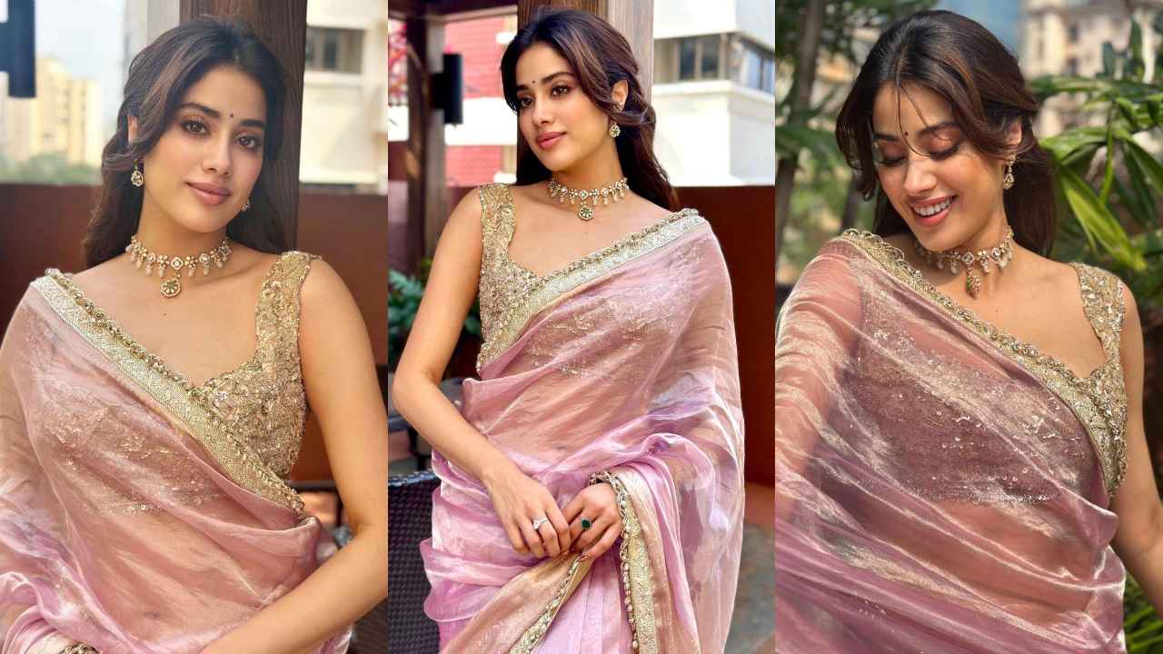 Janhvi Kapoor flaunts her love for Manish Malhotra in a classy pink and gold handwoven tissue saree