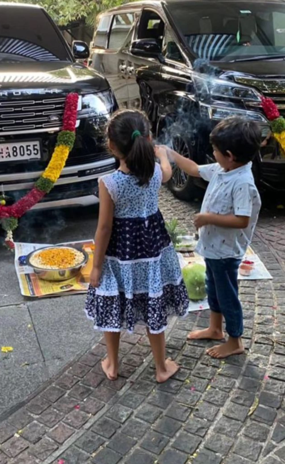 KGF actor Yash's kids perform Pooja on their new car during Navratri; PHOTO inside (PC. Radhika Pandit Instagram)