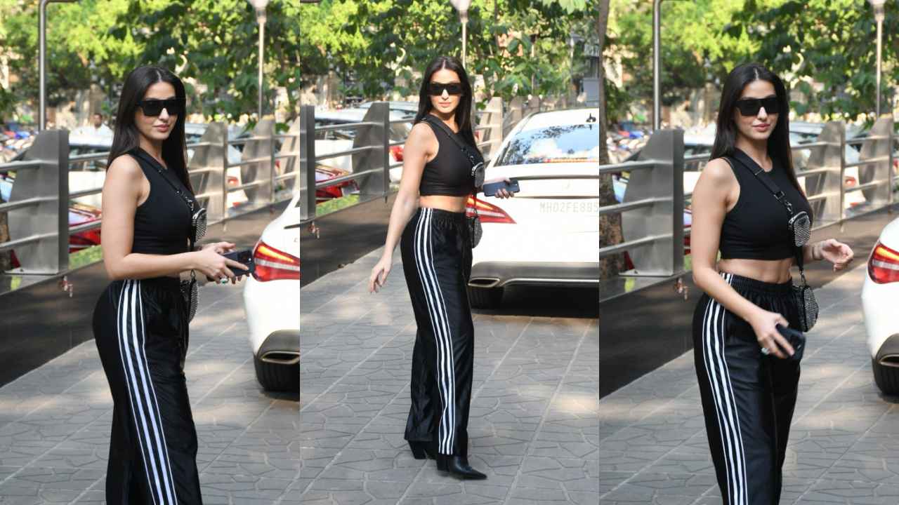 Nora Fatehi elevates her monochromatic athleisure outfit with Rs. 2,55,544 Prada shoulder bag (PC: Viral Bhayani)