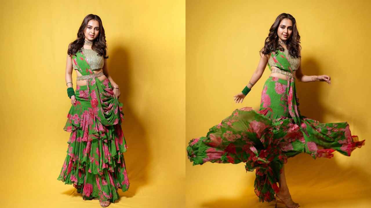 Are we done with ruffled sarees? Tejasswi Prakash creates modern look in floral drape with mirror work blouse
