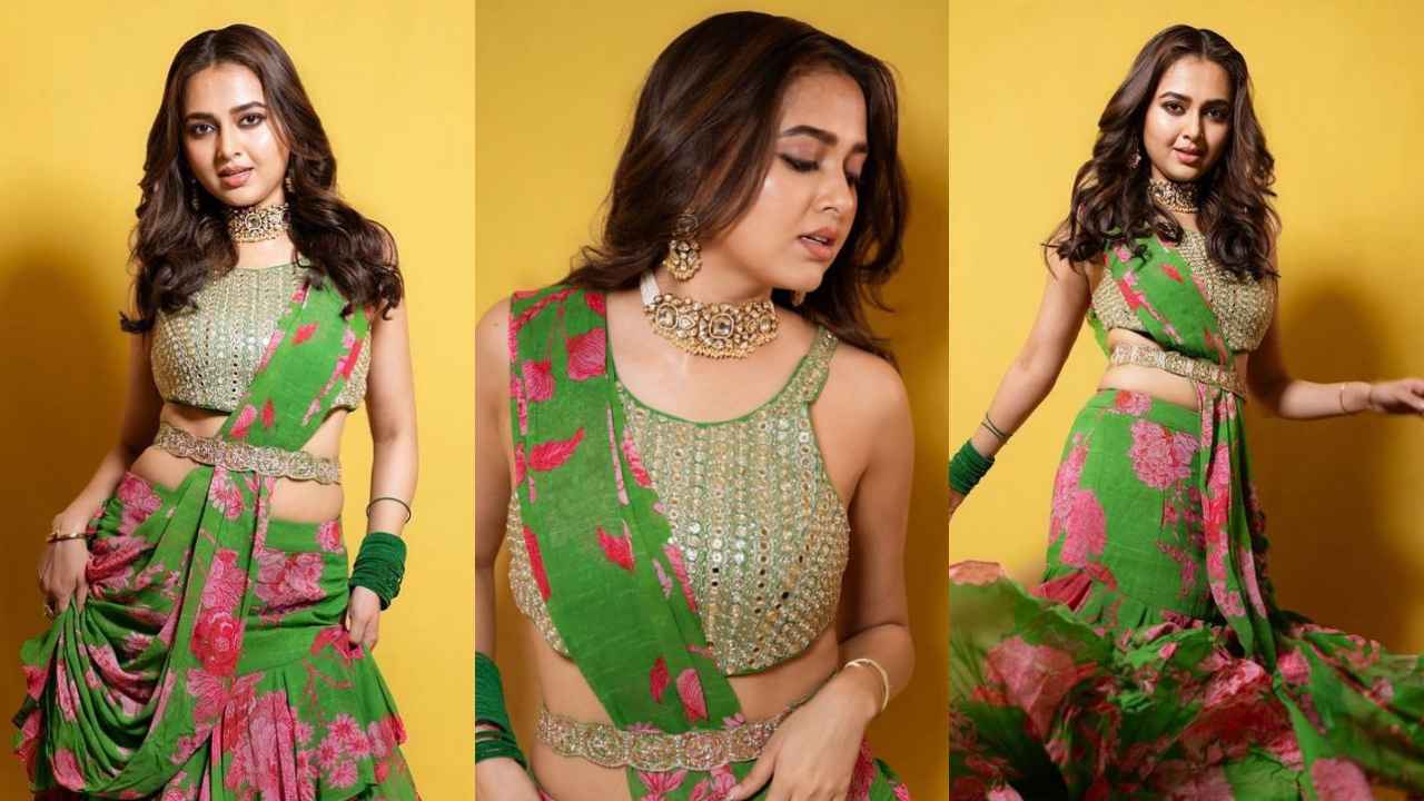 Are we done with ruffled sarees? Tejasswi Prakash creates modern look in floral drape with mirror work blouse