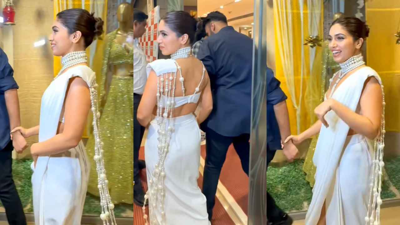 Bhumi Pednekar masters white saree trend with Nikkhil Thampi’s pearl-embellished elegance and layered accents (PC: Viral Bhayani)