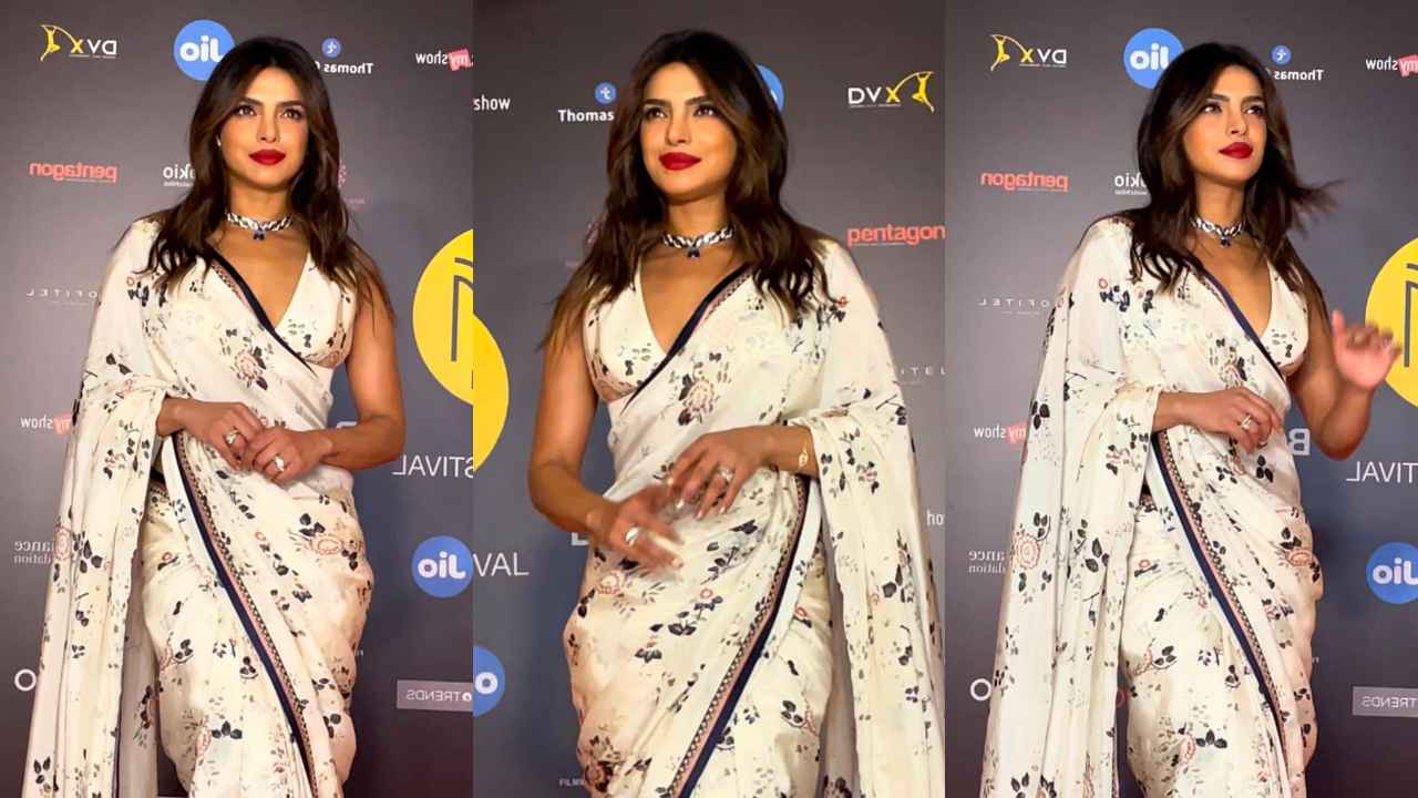 Priyanka Chopra Jonas brings back the desi girl era in black and white floral saree with statement accessories (PC: Viral Bhayani)