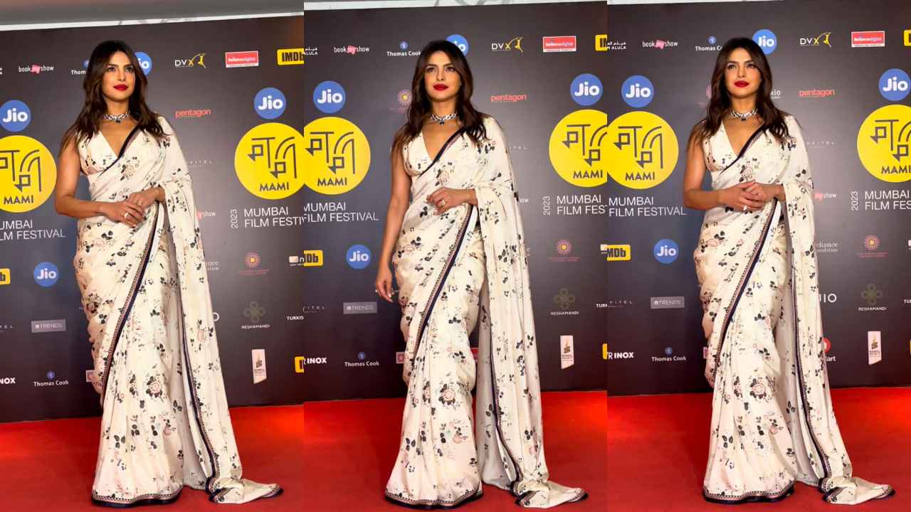 Priyanka Chopra Jonas brings back the desi girl era in black and white floral saree with statement accessories (PC: Viral Bhayani)