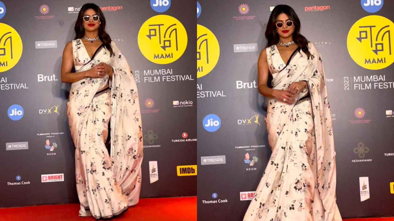 Priyanka Chopra Jonas brings back the desi girl era in black and white floral saree with statement accessories (PC: Viral Bhayani)