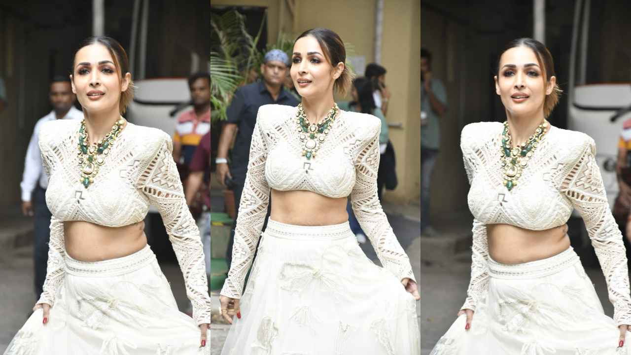 Malaika Arora’s white lehenga set with statement accessories is ideal for first-time Karva Chauth celebrations (PC: Viral Bhayani)