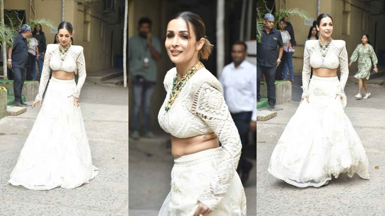 Malaika Arora’s white lehenga set with statement accessories is ideal for first-time Karva Chauth celebrations (PC: Viral Bhayani)