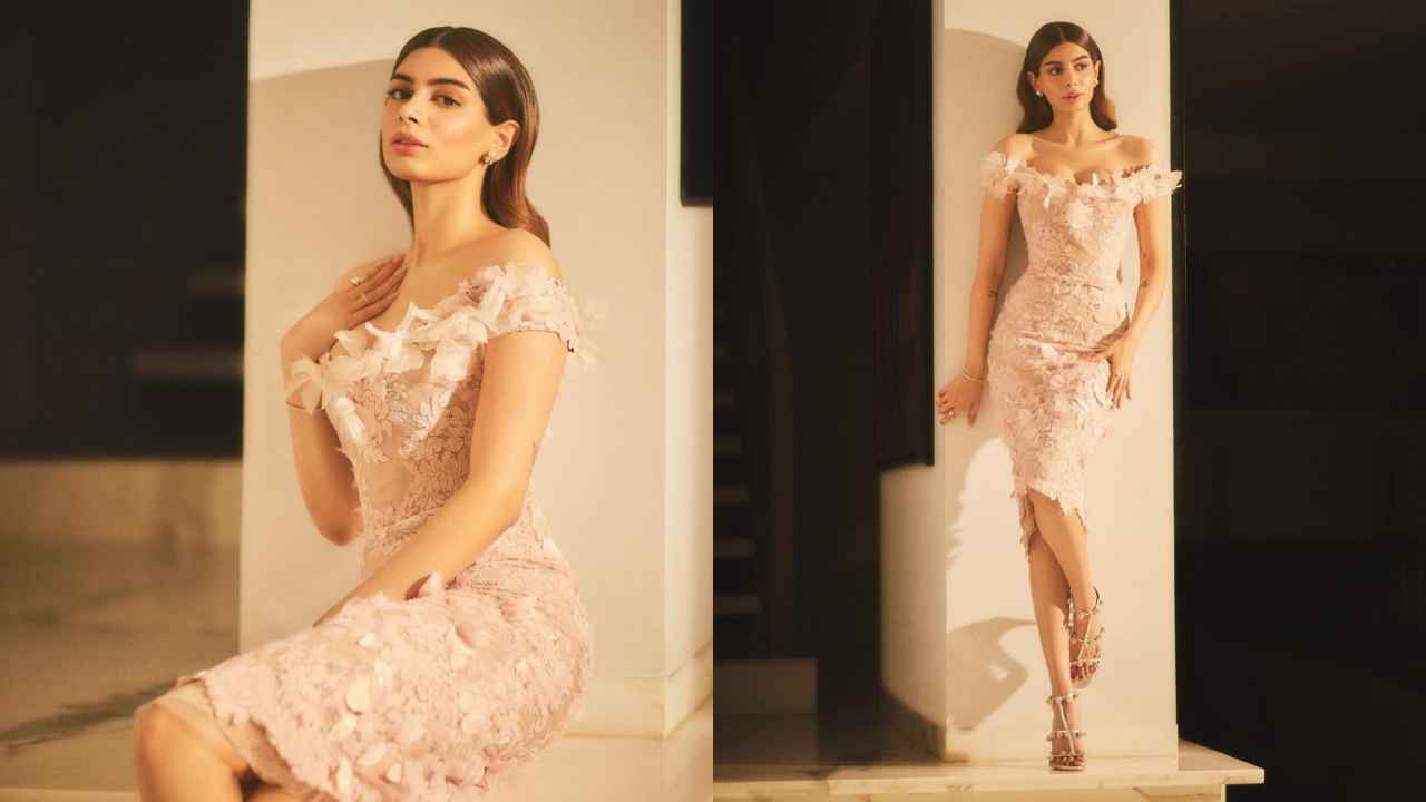 Khushi Kapoor’s pink Rs. 2,23,106 off-shoulder corded lace bodycon midi dress from Marchesa is a must-have