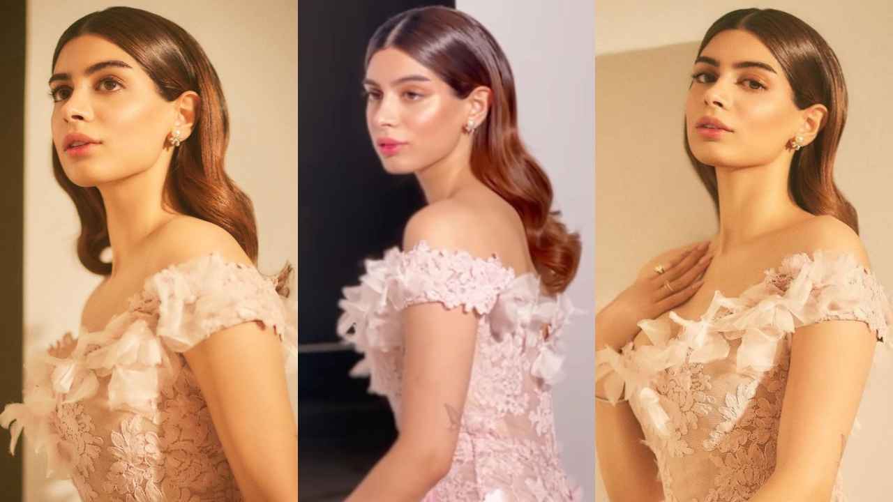 Khushi Kapoor’s pink Rs. 2,23,106 off-shoulder corded lace bodycon midi dress from Marchesa is a must-have