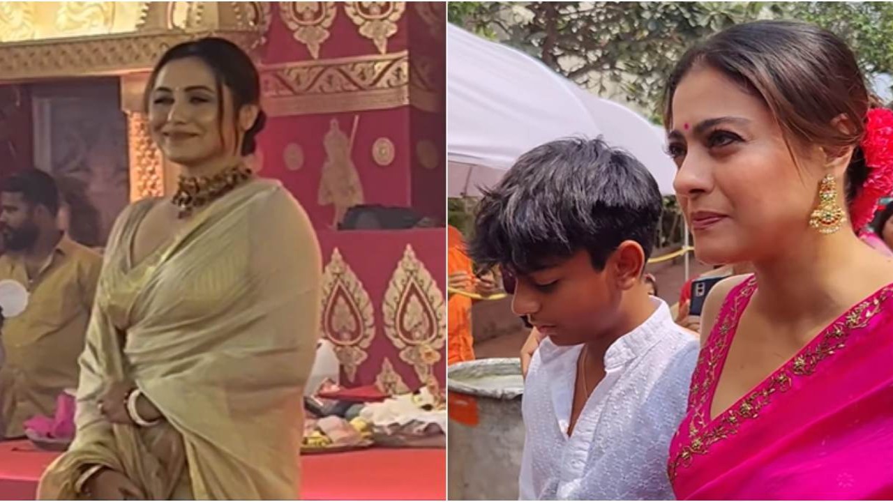 Kajol ankommer for Durga Puja-feiring med sønnen Yug;  Rani Mukerji skinner i en pen saree-VIDEO