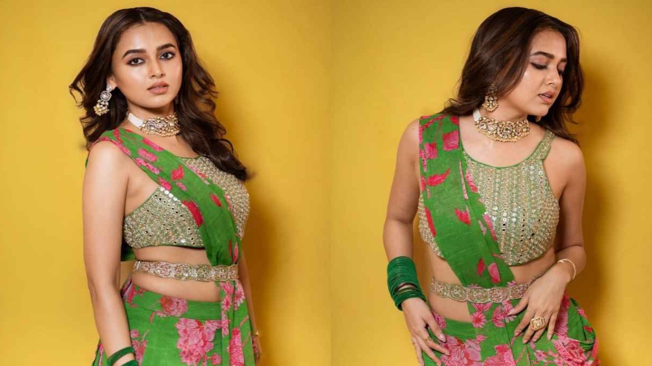 Tejasswi-Prakash-green-ruffled-saree-paulmi-and-harsh-drape-mirror-work-blouse-style-fashion