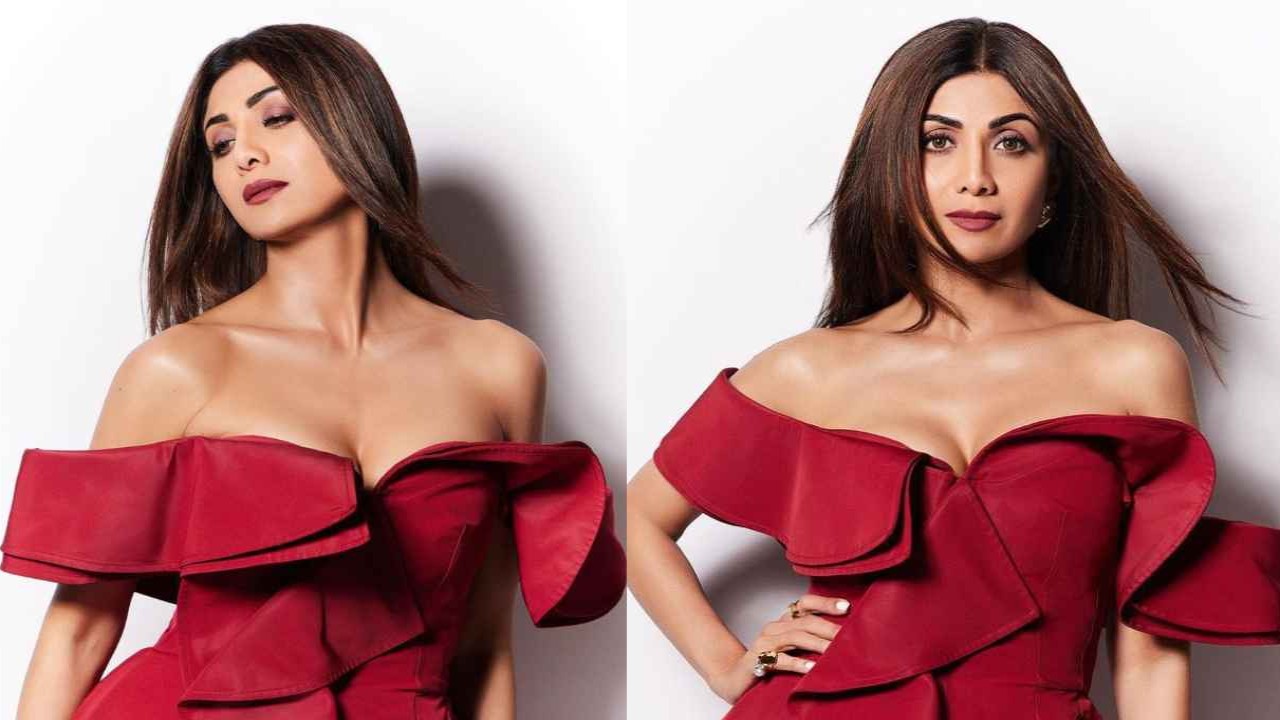 Shilpa Shetty looks incredible in Alexander McQueen dress with off-shoulder design and asymmetrical edges shilpa-shetty-formal-wear-gown-alexander-mcqueen-Bollywood-style-fashion