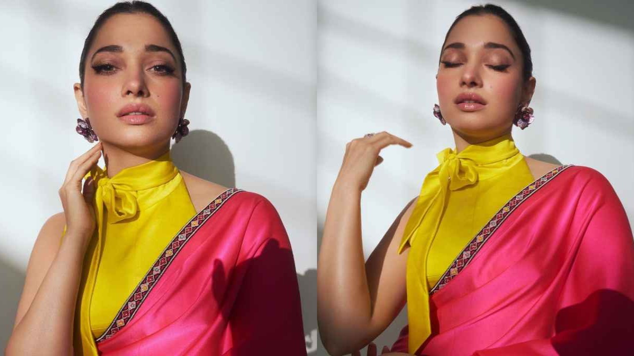 Tamannaah-Bhatia-chic-saree-ethnic-wear-sabyasachi-neon-colour-style-fashion