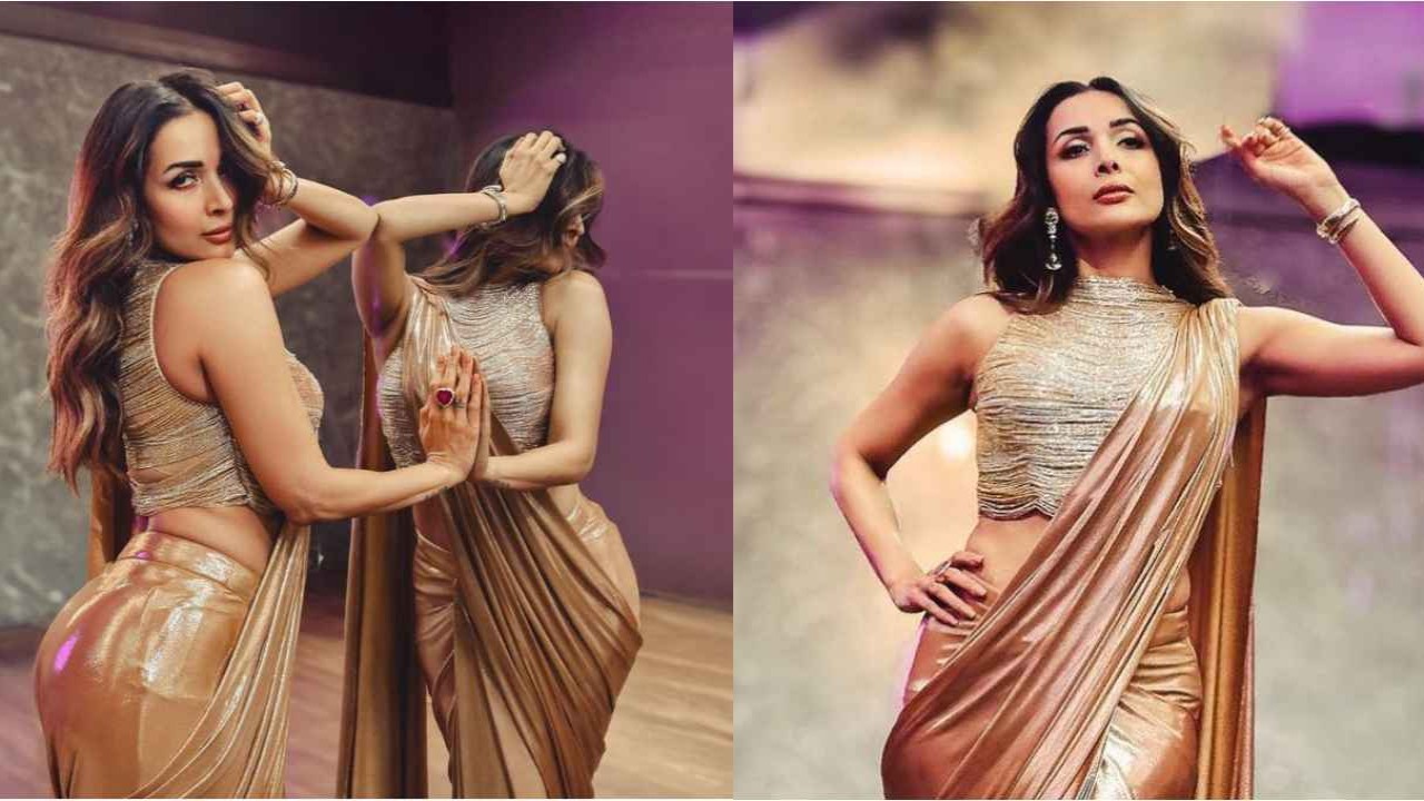 Malaika Arora serves golden diva vibes in Sonaakshi Raaj’s liquid gold saree with tasseled blouse