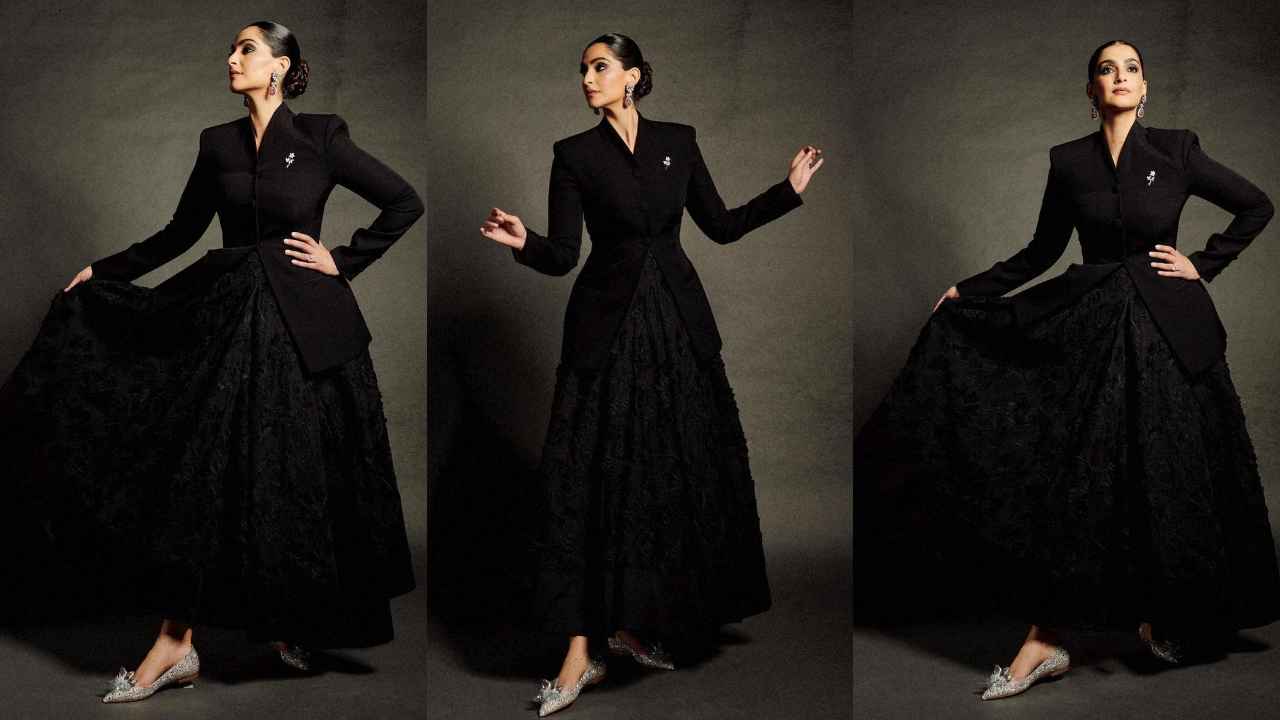 Sonam Kapoor serves total Bridgerton vibes in Huishan Zhang’s classy black ankle-length flowy tulle midi dress