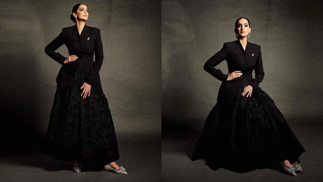Sonam Kapoor serves total Bridgerton vibes in Huishan Zhang’s classy black ankle-length flowy tulle midi dress