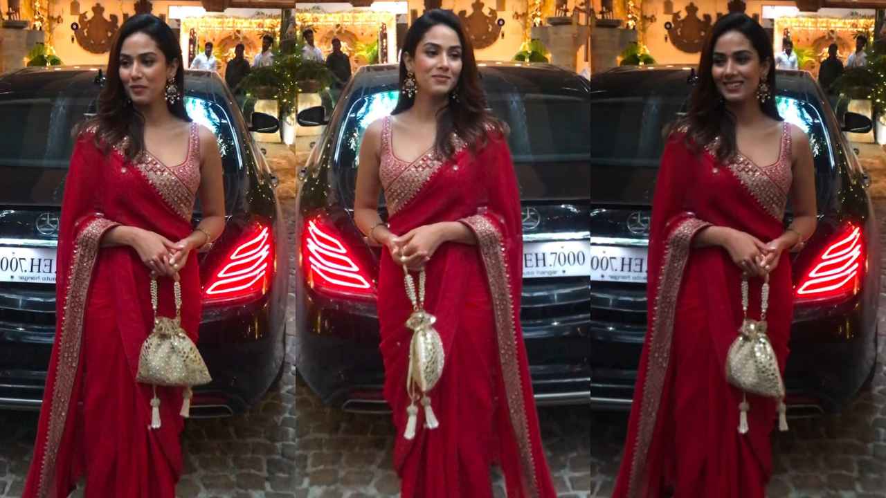 Mira Rajput serves Diwali-ready feels in red mirror work embellished Punit Balana saree with gold potli bag (PC: Viral Bhayani)