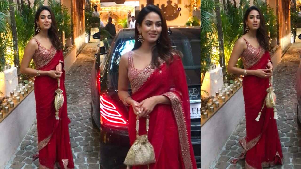 Mira Rajput serves Diwali-ready feels in red mirror work embellished Punit Balana saree with gold potli bag (PC: Viral Bhayani)