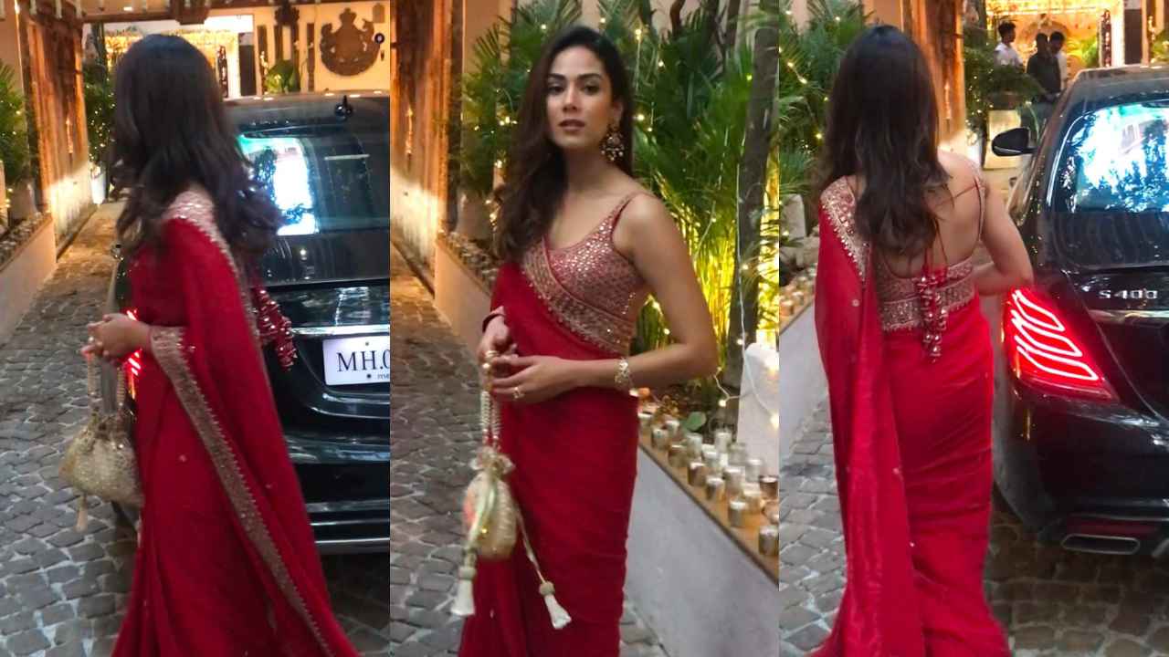 Mira Rajput serves Diwali-ready feels in red mirror work embellished Punit Balana saree with gold potli bag (PC: Viral Bhayani)