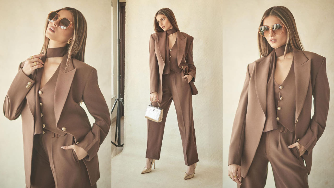 Tara Sutaria radiates formal wear vibes in a brown three-piece suit