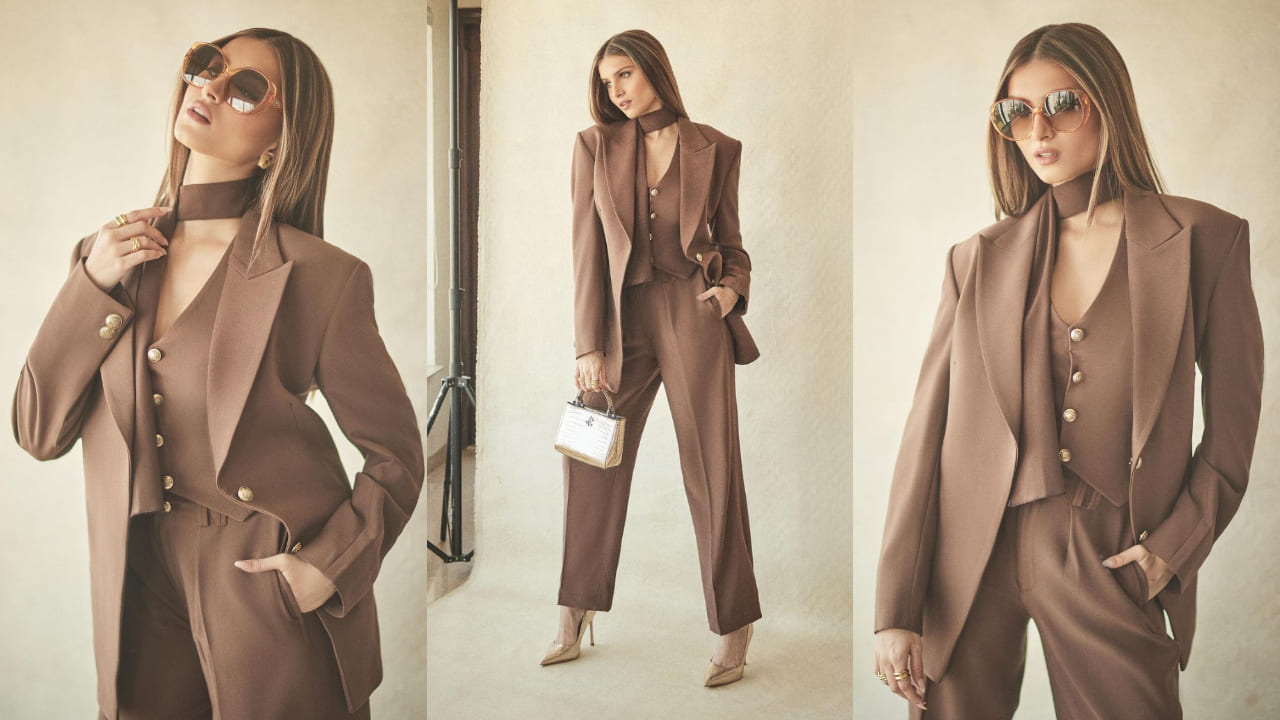 Tara Sutaria radiates formal wear vibes in a brown three-piece suit