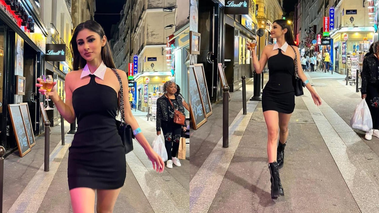 Mouni Roy in black mini dress