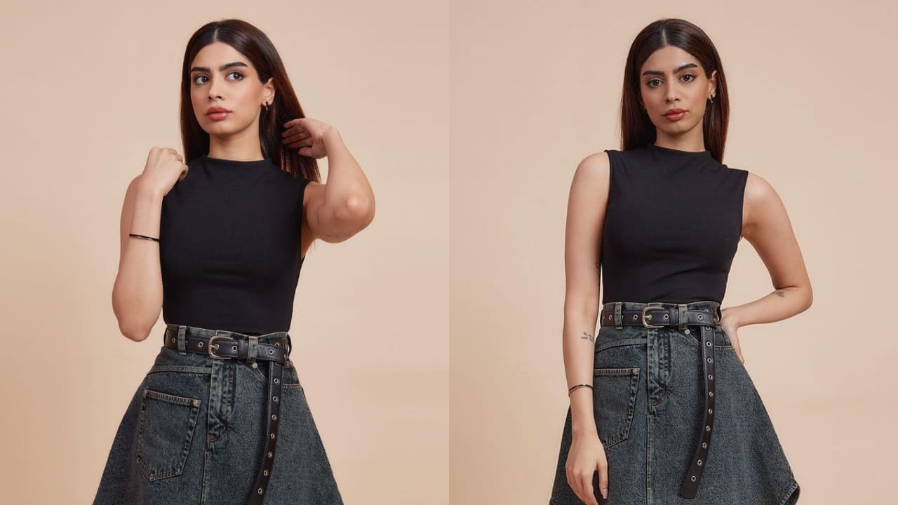 Khushi Kapoor in black top with denim skirt