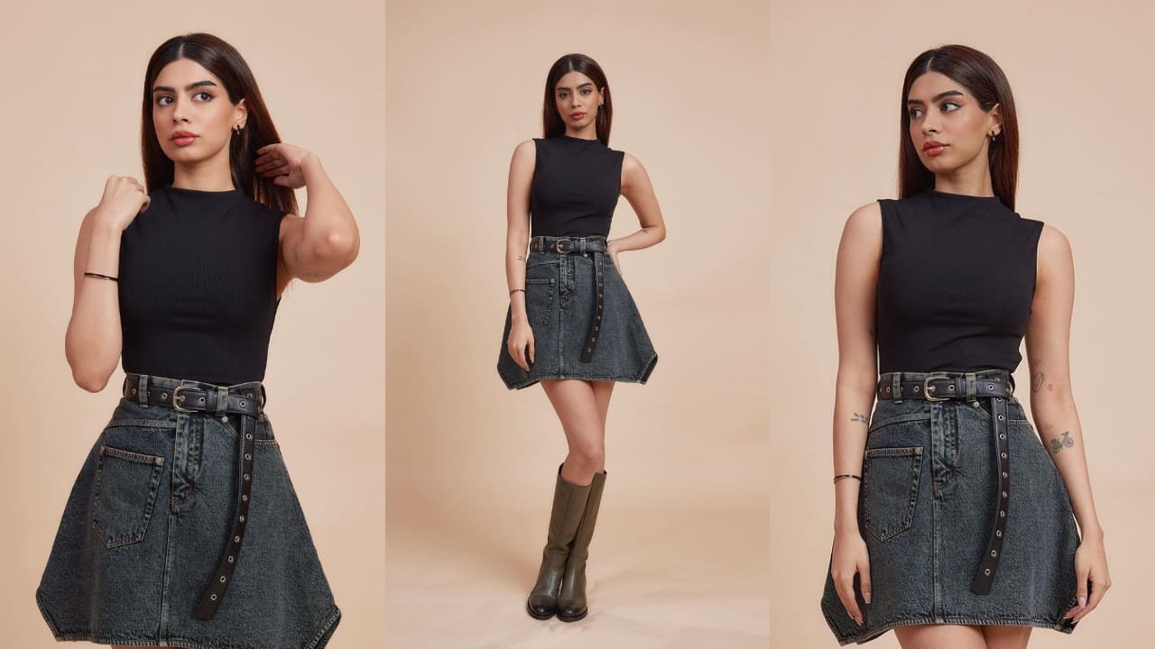 Khushi Kapoor in stylish black top with cool denim skirt