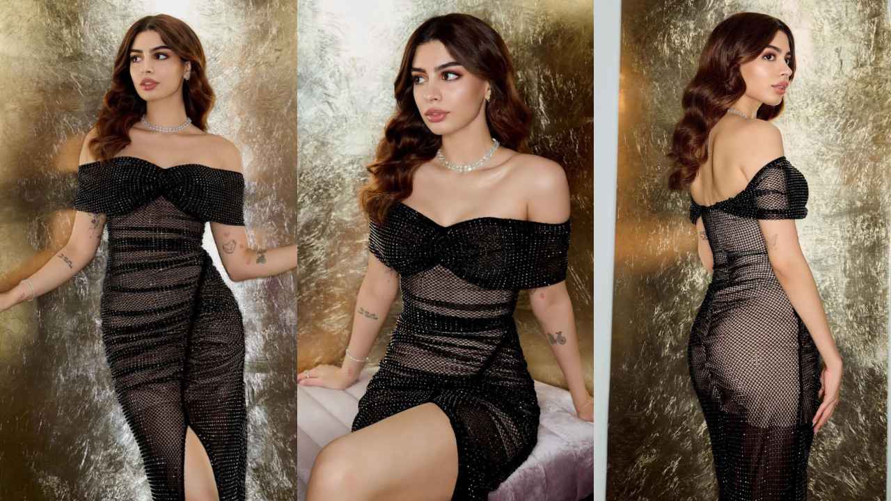 Khushi Kapoor’s sheer and glitzy off-shoulder dress with a front slit is the PERFECT party season inspiration (PC: Khushi Kapoor Instagram)
