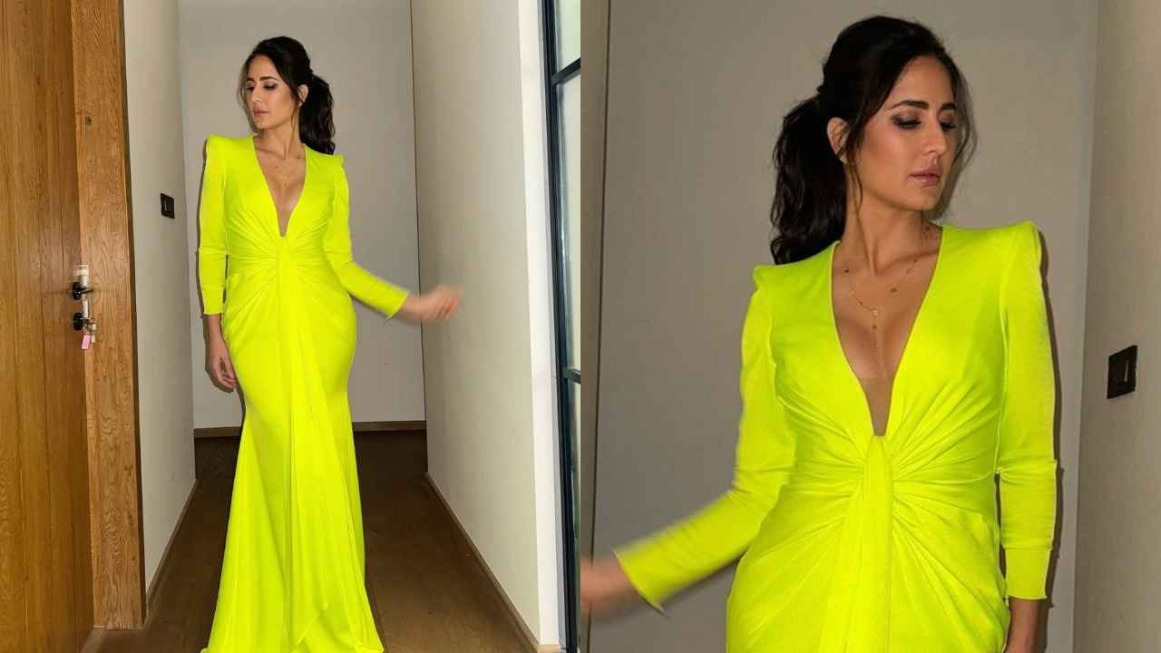Katrina Kaif aces the neon game in Alex Perry’s front tie gown with formal shoulder pads and plunging neckline (Amit Thakur Instagram)