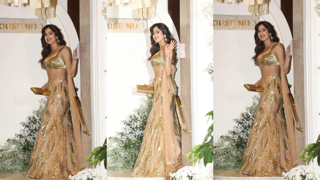 Janhvi Kapoor in golden lehenga set with embroidered bustier