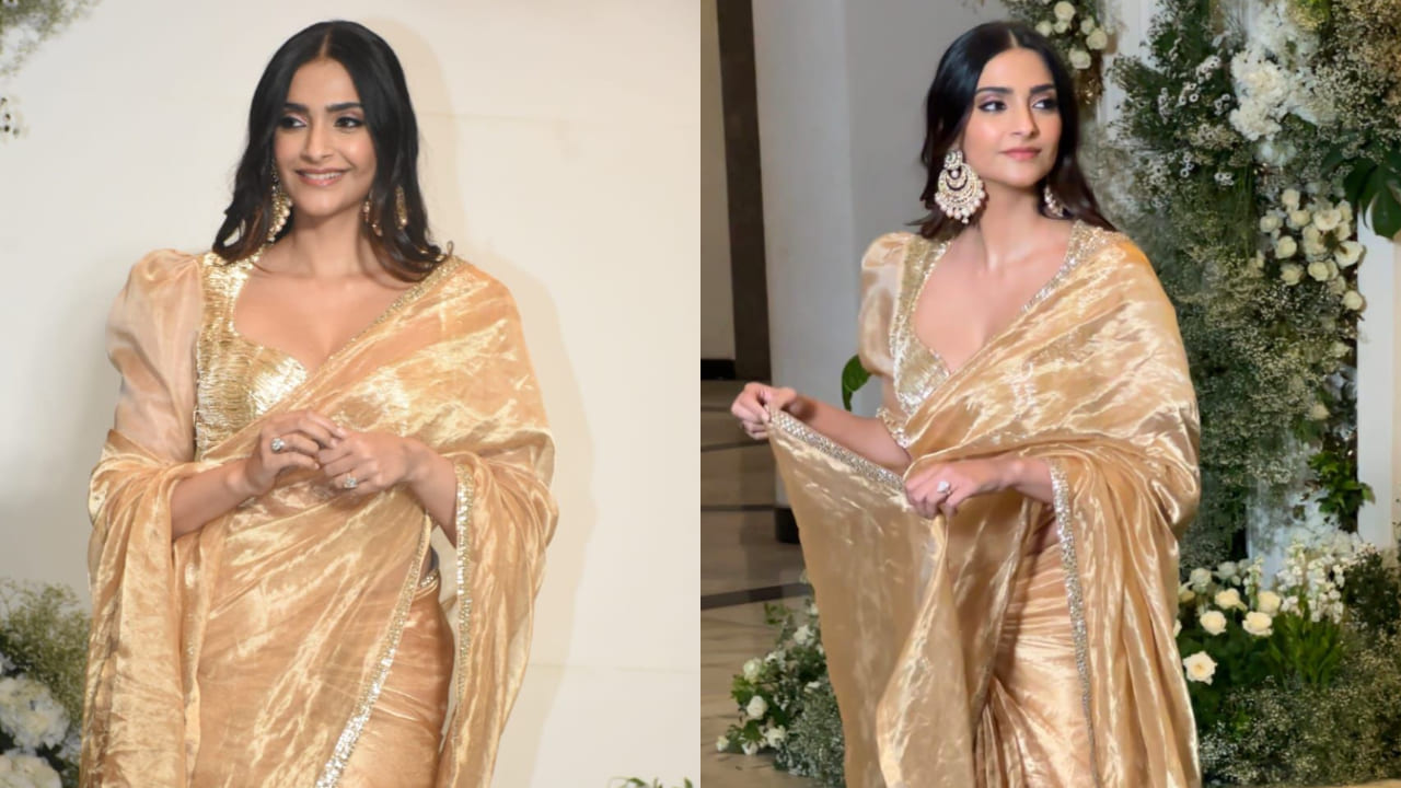 Sonam Kapoor in golden blouse and golden sheer tissue saree by Manish Malhotra