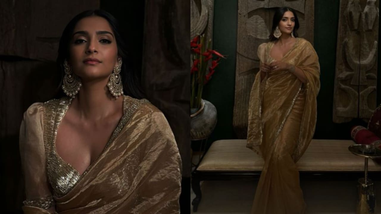 Sonam Kapoor in golden sheer tissue saree