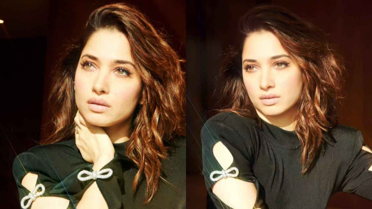 Tamannaah Bhatia is sassy as she aces crystal-crafted black midi-dress look with side cut-outs (PC: Tamannaah Bhatia Instagram)