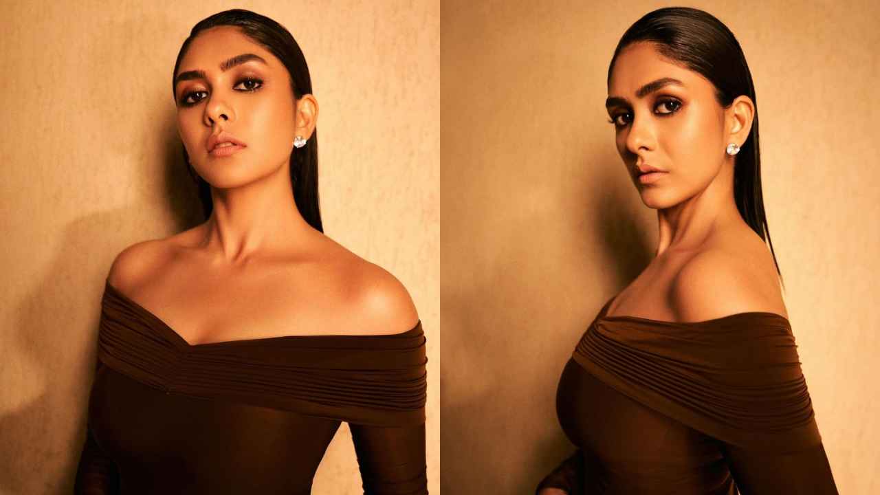 Mrunal Thakur OWNS the room in off-shoulder gown with pleated drapes and flattering silhouette (PC: Mrunal Thakur Instagram)