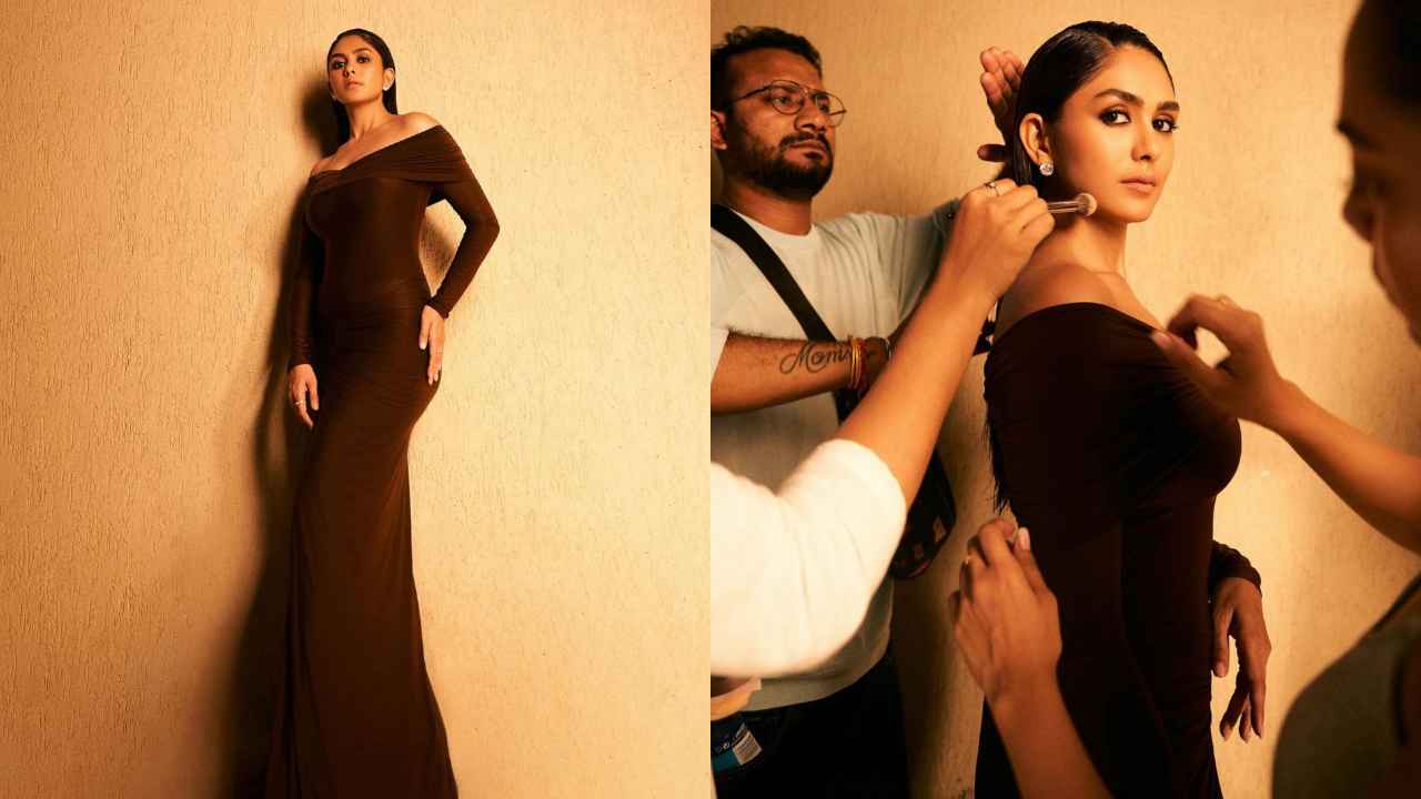 Mrunal Thakur OWNS the room in off-shoulder gown with pleated drapes and flattering silhouette (PC: Mrunal Thakur Instagram)