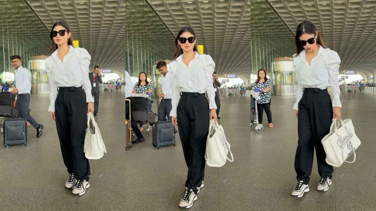Mouni Roy's airport style is a symphony of monochromatic bliss with Rs. 6,81,590 Chanel spell (PC: Viral Bhayani)
