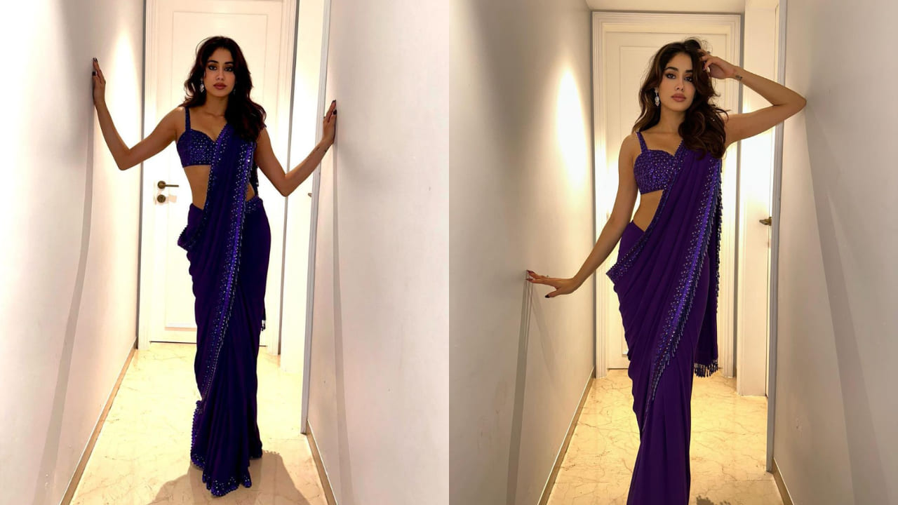 Janhvi Kapoor in purple saree with heavy border and pearl embellished