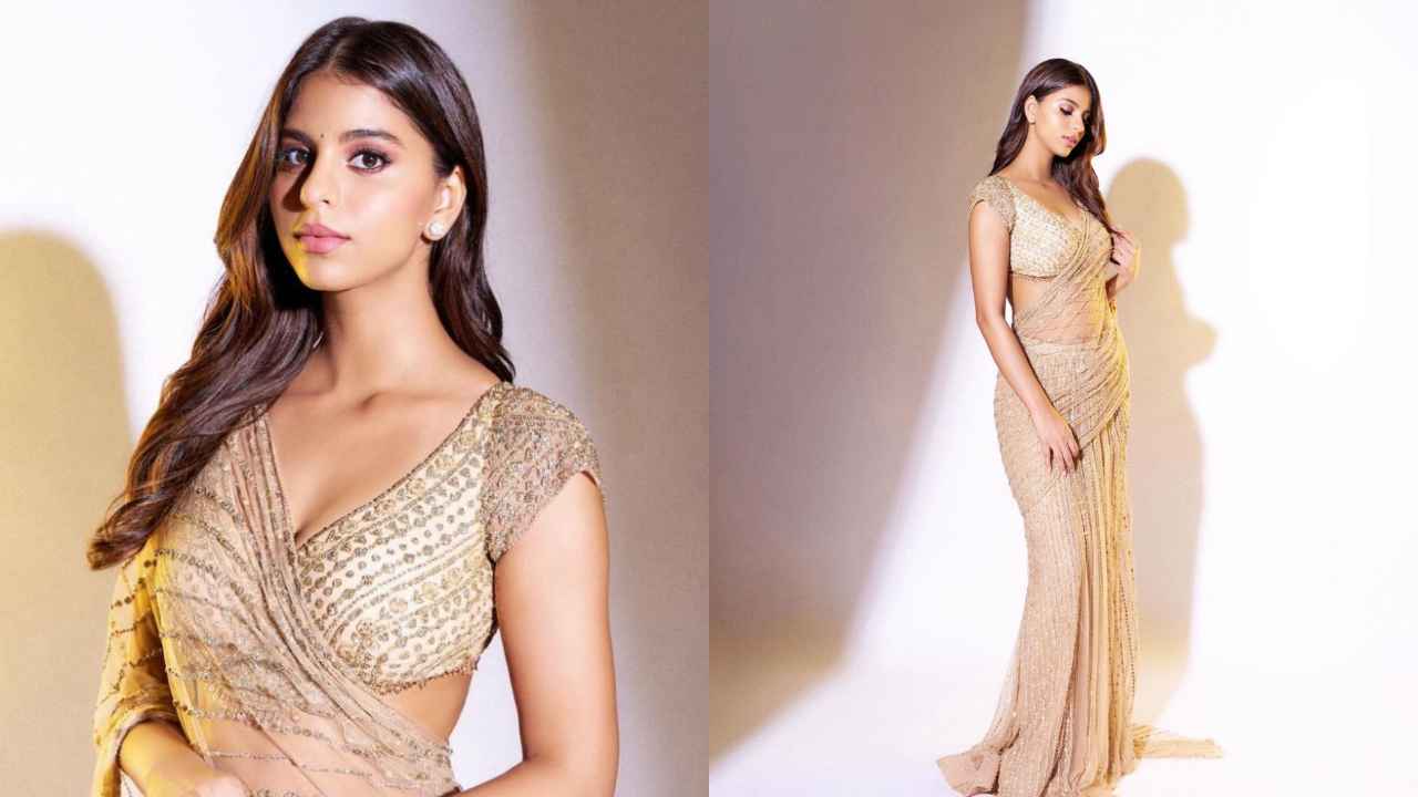 Suhana Khan sets golden standard for festive dressing in a shimmery gold Falguni Shane Peacock saree