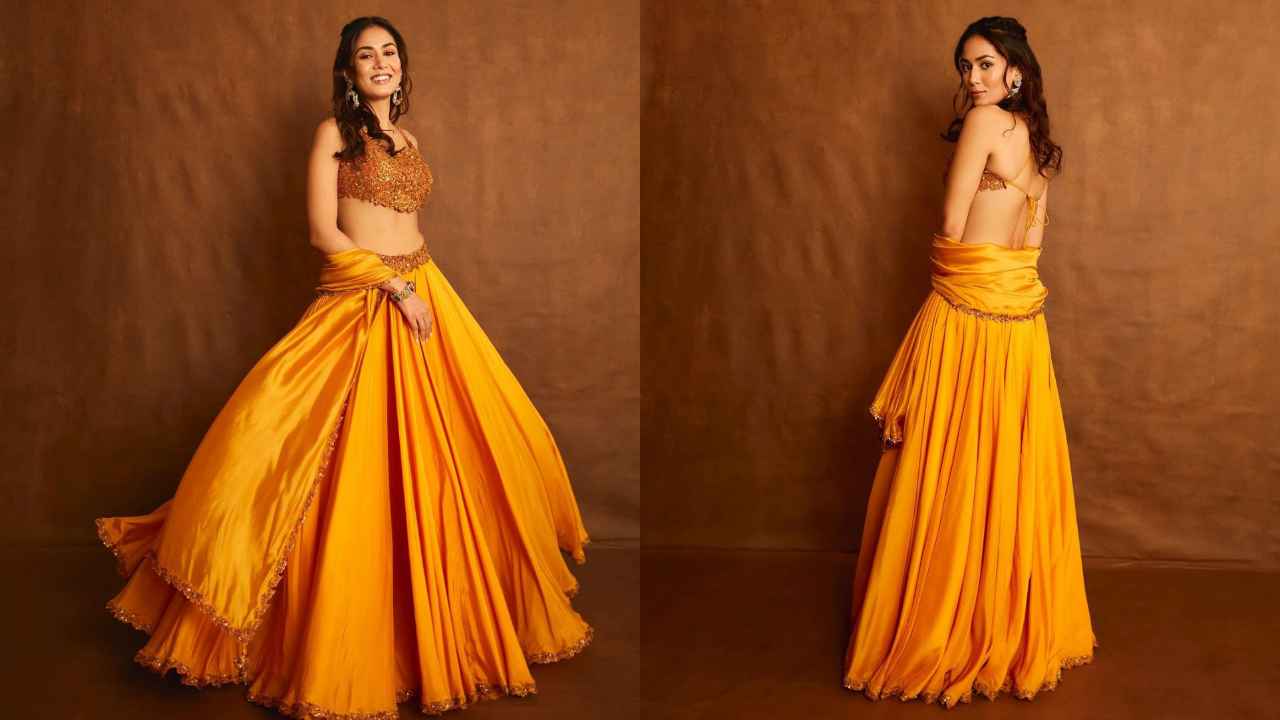 Mira Rajput looks ‘just like a wow’ in Punit Balana’s Rs. 57,500 embellished ladoo peela lehenga set