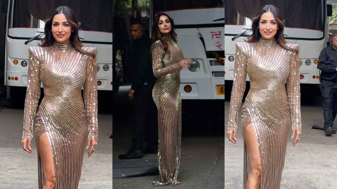 Malaika Arora wears a sheer gold sequinned gown with hot side slit and it’s too hot to handle (PC: Viral Bhayani)