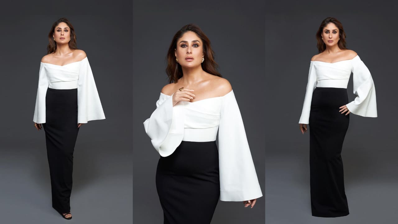 Kareena Kapoor Khan in black and white monochromatic off-shoulder gown at Koffee With Karan