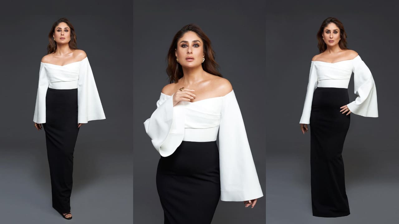 Kareena Kapoor Khan in black and white monochromatic off-shoulder gown at Koffee With Karan